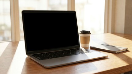Fototapeta premium Laptop computer with blank screen on wooden desk with coffee and notebook
