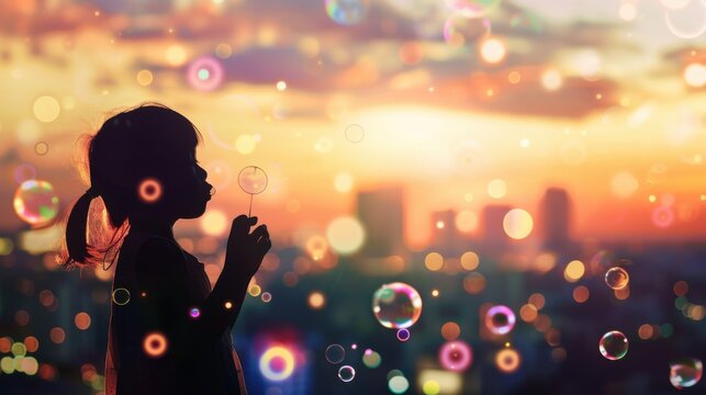 Child silhouette blowing soap bubbles over a warm golden sunset cityscape with shimmering bokeh circles scattered across the sky.