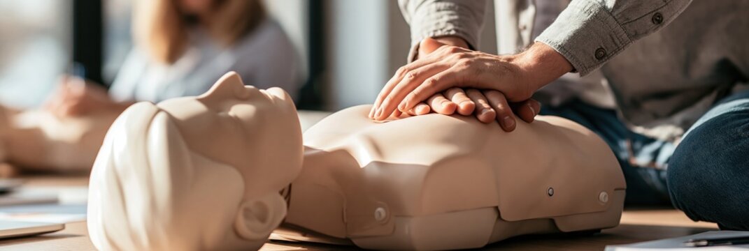 Person hands performing cpr chest compressions on mannequin model classroom training