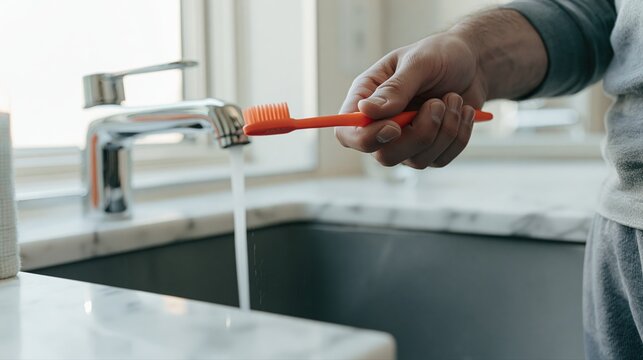 Person rinsing toothbrush under faucet stream