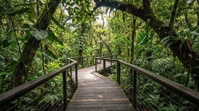 Wooden boardwalk path winding through lush green tropical rainforest jungle eco tourism trail