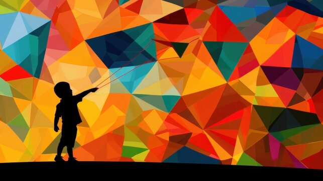 Child silhouette playing with a flying kite in front of a colorful geometric low-poly pattern background.