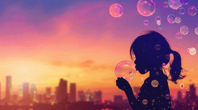 Girl silhouette blowing glowing soap bubbles against a vibrant city skyline sunset backdrop landscape.