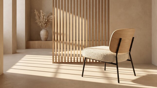 Minimalist Japandi living room interior boucle chair slatted screen pampas grass sunny shadows