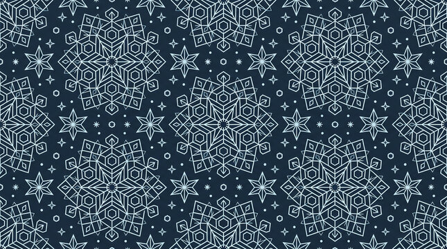 Intricate mandala pattern on dark blue background, elegant geometric snowflake ornament, seamless ethnic tile texture for textile design