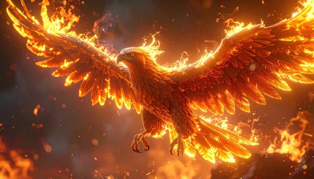 Phoenix bird soaring through intense orange flames and sparks.