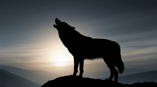 Silhouette of a lone wolf howling at the moonlit sky on a rocky mountain peak at dusk
