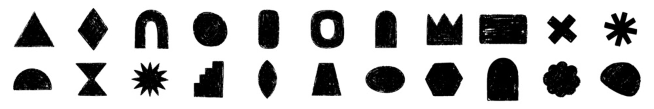 Grunge geometric shape collection with rough ink marks, linocut grain texture and distressed handmade vector elements