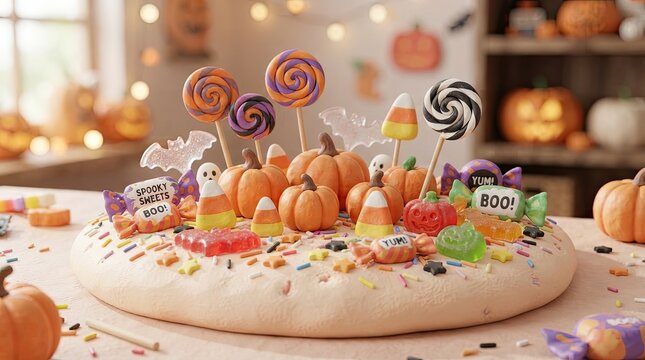 Abundant halloween candy display with pumpkins and colorful sweets for trick or treat