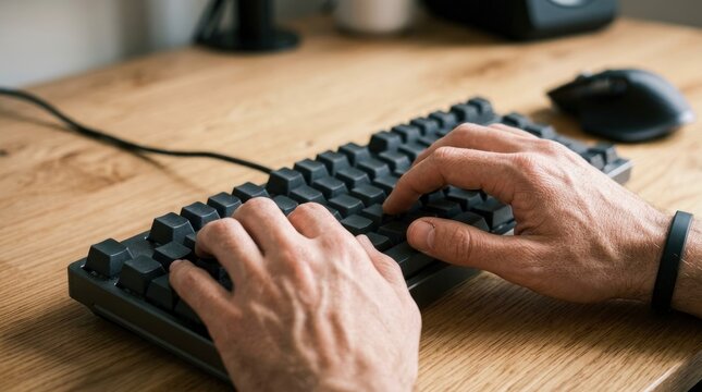 Close up view of hands typing on a mechanical keyboard on a wooden desk in an office environment