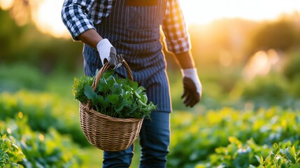 Fototapeta premium Farmer carrying basket of fresh organic vegetables at sunrise in a lush green field