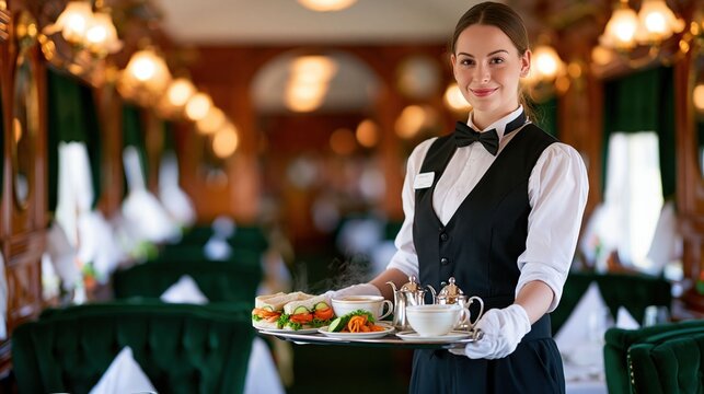 Smiling waitress serving sandwiches and tea on a train