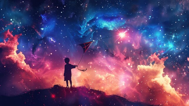 Little kid silhouette holding a kite line atop a hill amidst a vast colorful space nebula filled with brilliant glowing cosmic stars.