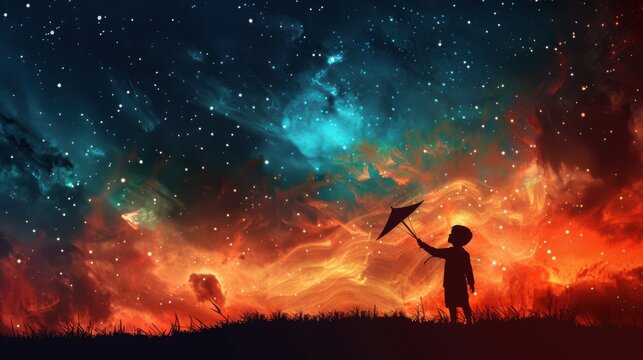 Youngster silhouette raising a kite beneath a vibrant cosmic sky split with fiery red and deep turquoise blue galaxy stars.