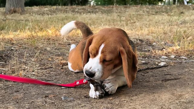 Beagle dog chews a wooden stick while lying outdoors, playful pet behavior, canine activity, relaxed animal lifestyle in nature.