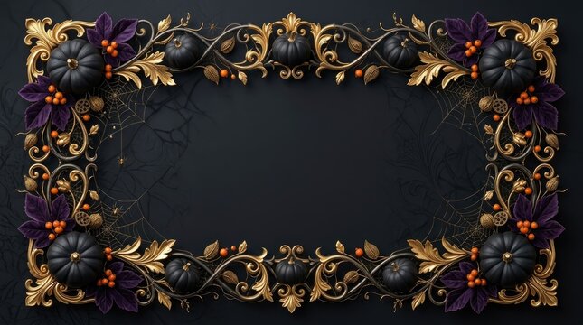 Intricate golden baroque frame with floral and insect details on a dark background