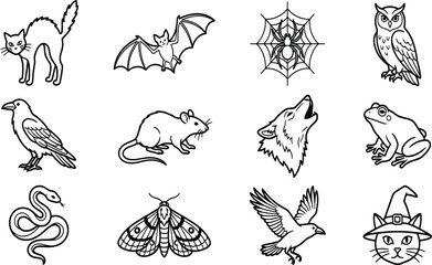 Obraz premium Halloween creepy animals and wildlife outline vector illustrations set