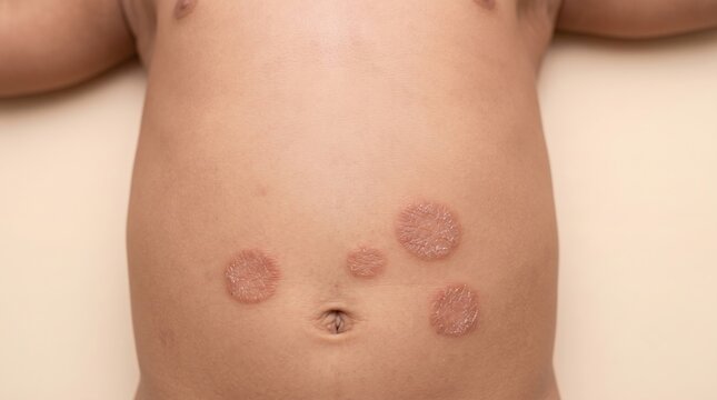 Top view of child abdomen showing multiple circular ringworm tinea corporis rashes
