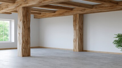 Fototapeta premium Spacious minimalist interior with exposed wooden beams and columns, concrete floor, and large window with greenery view