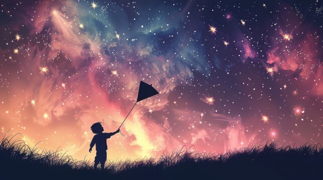 Child silhouette holding a kite against a colorful starry cosmos nebula background during a dreamy night full of glowing stars.
