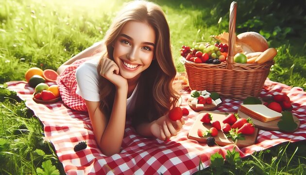 A girl lies on a gingham blanket with fruits and sandwiches, enjoying a sunny picnic time, Ai generated image