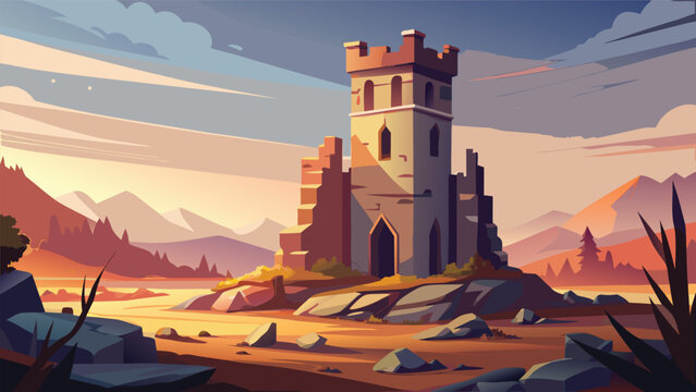 Editorial ancient castle ruins at sunset vector illustration with medieval fortress landscape heritage architecture landmark building structure deserted abandoned mountain dramatic