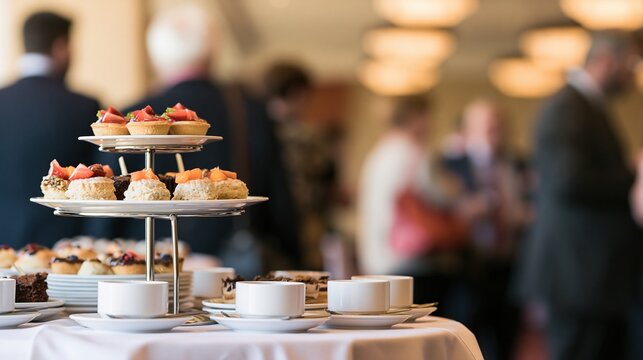 Tea party with tiered stand of pastries and cups