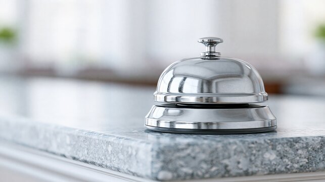 Shiny Metal Service Bell on Polished Countertop, Evoking Hospitality and Customer Assistance