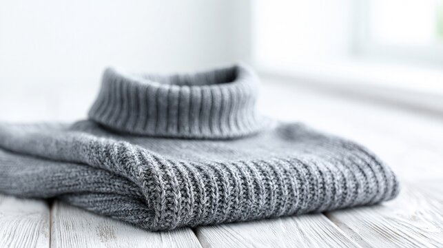 Cozy Grey Turtleneck Sweater Folded on Rustic White Wooden Surface with Soft Natural Light