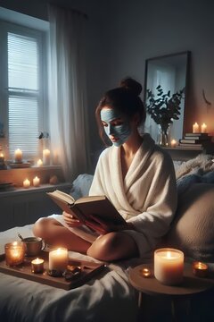 A girl surrounded by candles, face masks, and a good book in a self-care queen scene, Ai generated image