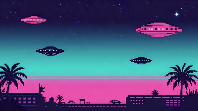 Retro Synthwave Cityscape with UFOs and Palm Trees Under Night Sky