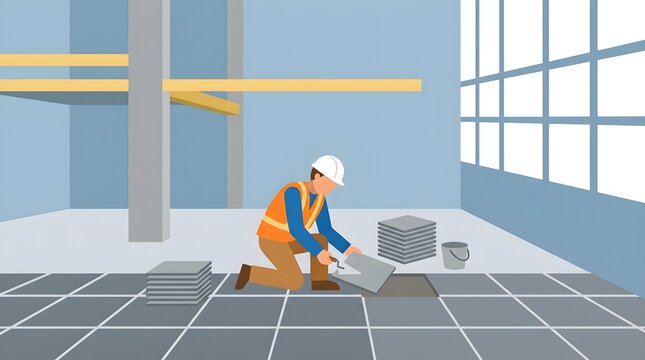 Flat vector illustration of a construction worker installing floor tiles with a trowel inside a building under construction. Represents flooring installation, tiling, masonry work, renovation, and int
