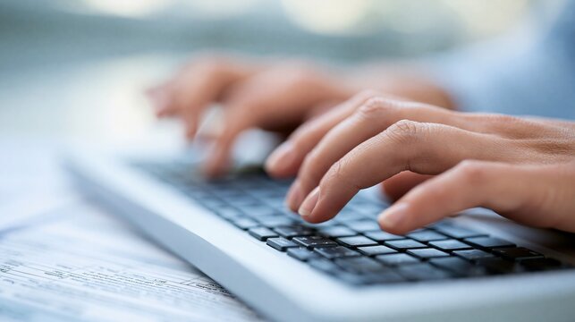 Close-up of person's hands typing on a modern laptop keyboard, focused on fingers and keys