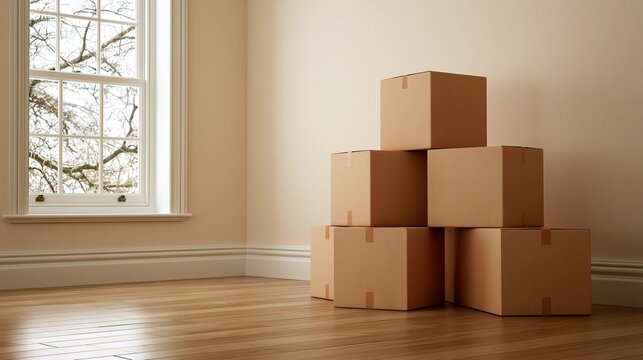 Stack of Brown Cardboard Moving Boxes in an Empty Room with a Large Window