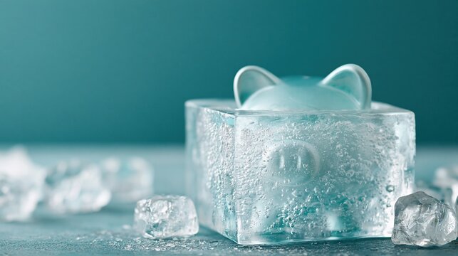 Adorable Piggy Shaped Ice Cube Melting Slowly in Water with Scattered Ice Cubes
