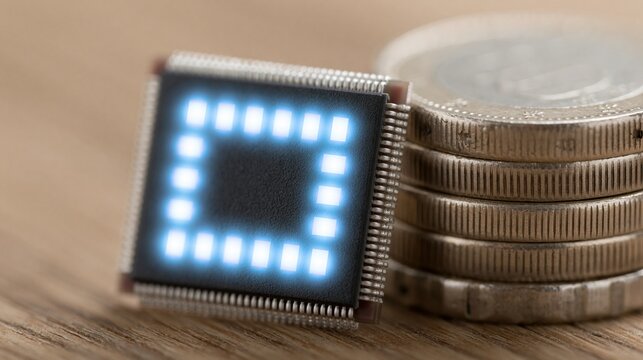 Glowingly lit electronic microchip alongside a stack of shiny coins on a wooden surface