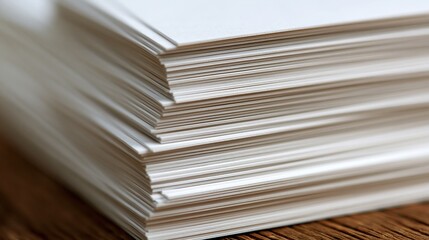 Naklejka premium Blank White Paper Stack Close-Up on Wooden Surface, Office Supplies and Stationery Concept