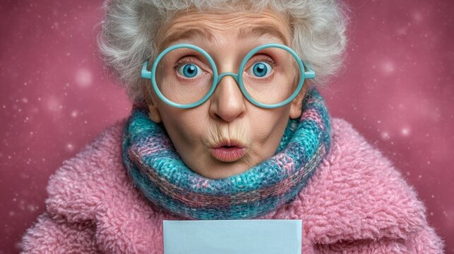 an elderly woman with fluffy silver-white curly hair, wearing round blue-green framed glasses, a blue-green plaid knitted scarf, and a pink fluffy coat. She is making a playful pouty face against 