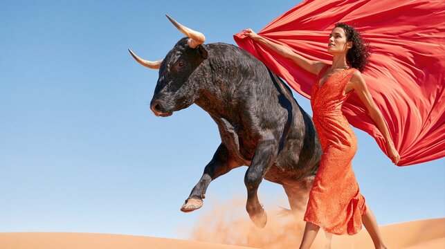 Woman in red dress holding red cloth with bull jumping in desert