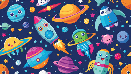Fototapeta premium Editorial pattern design featuring cute spaceships and planets in starry space universe vector illustration universe astronomy seamless background exploration adventure childish colorful