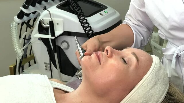 Cosmetologist performs gas liquid facial peeling on a mature woman in a beauty salon, professional exfoliation, rejuvenation and skincare treatment.