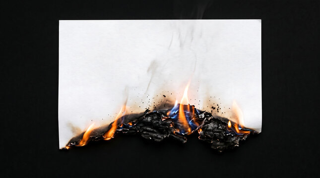 A sheet of white paper burning on a dark background, with flames and smoke rising from the edges