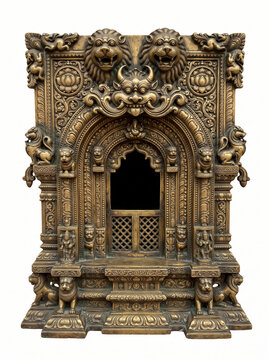 Deeply Sculpted Antique Brass Temple Shrine Window with Guardian Lion and Yali Motifs
