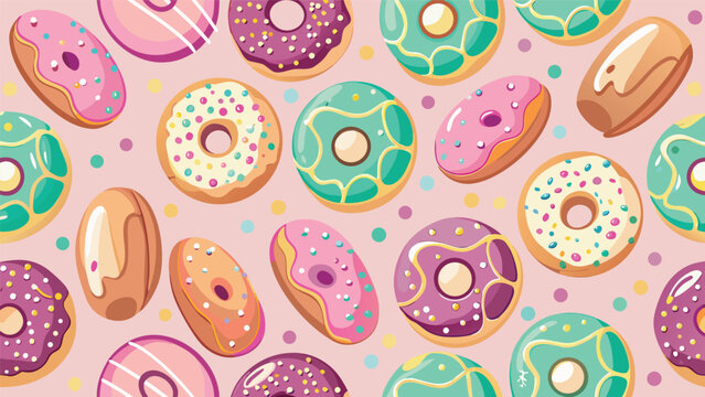 Editorial pattern design featuring assorted colorful glazed donuts vector illustration colorful seamless background breakfast sprinkles confection doughnut delicious illustration wallpaper