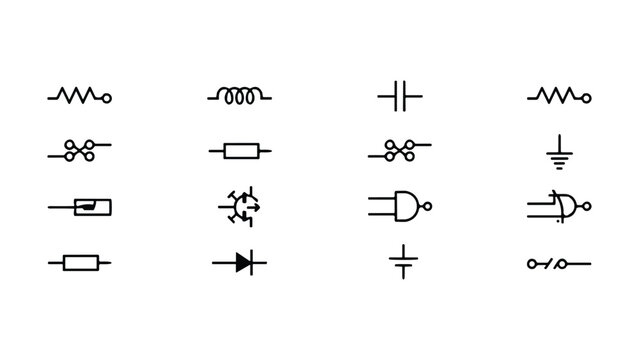 Set of black and white electronic circuit symbols, including resistors, capacitors, inductors, diodes, transistors, and logic gates on a white background