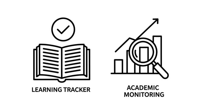 Learning progress and academic performance monitoring icons with learning