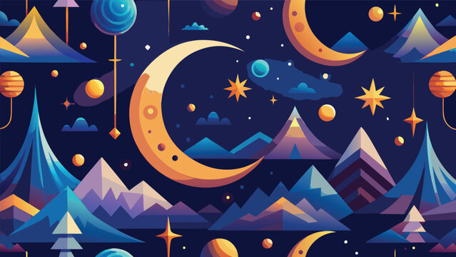 Editorial seamless pattern featuring moon and night mountains with stars vector illustration mountains landscape seamless background illustration wallpaper creative twilight adventure