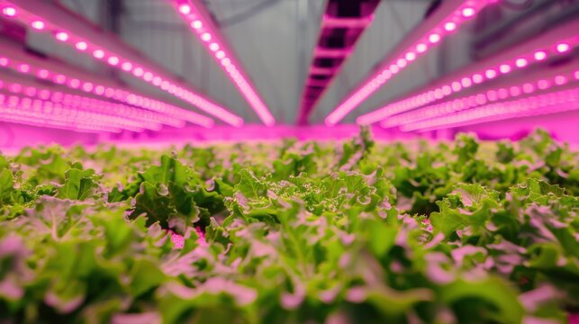 Automated vertical farm with symmetrical rows of lettuce under LED lights captured on Canon EOS R5 24mm f8