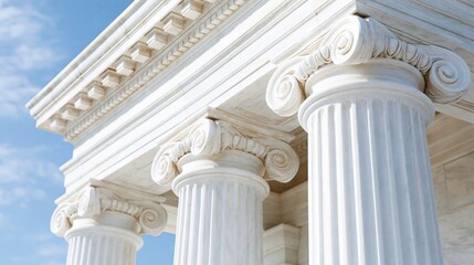Fototapeta premium Majestic white marble Ionic columns against a bright blue sky, symbolizing law and order
