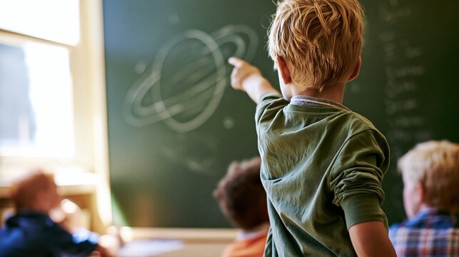 Young boy draws planet saturn on green chalkboard